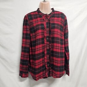 Soft Surroundings Flared Top Button Up Flannel Shirt Women Size L Red